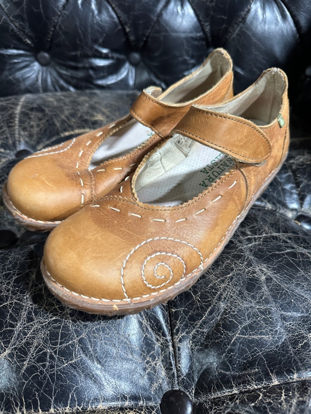 Brown Leather Mary Jane Shoes with Spiral Stitch Detail